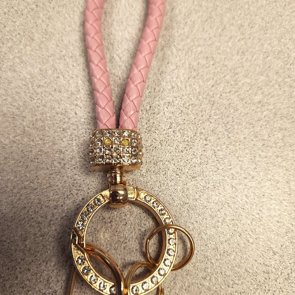 Pink Braided Vegan Leather Keychain with Gold and Bling Trim - NEW